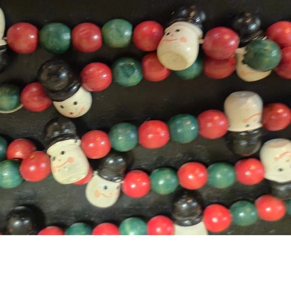 Vintage Christmas Wood Bead Garland Set Santa Snowman Red Green 95‎ inches